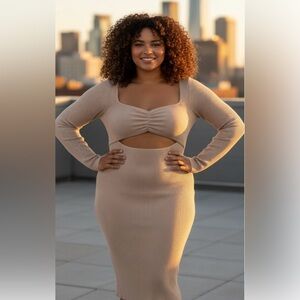 🍂 Abercrombie & Fitch XLp (extra large petite) Tan ribbed midi knit dress•